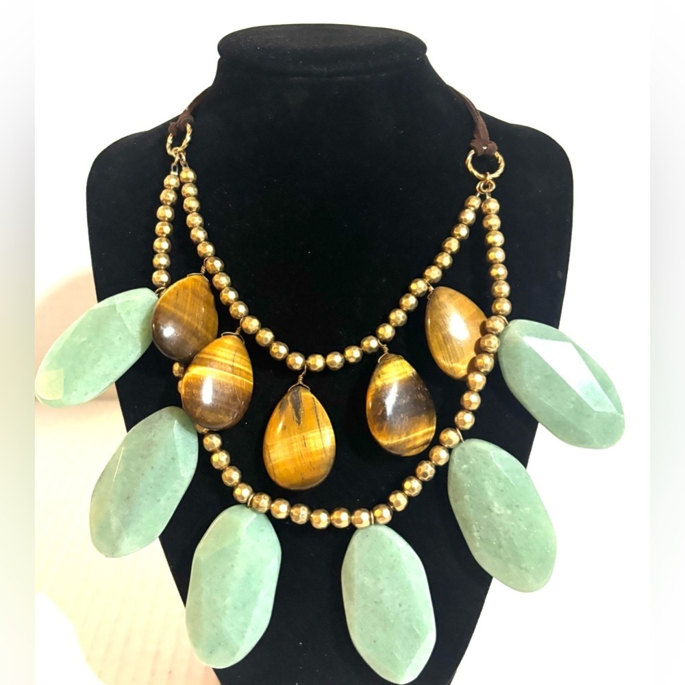 Handmade tiger,eye Green quartz Gold Multi-Stone Statement Necklace adjustable